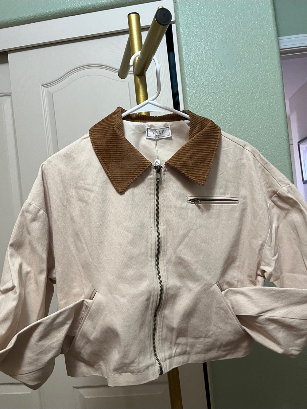 Sage The Label Cream Zip-Front Jacket w/ Brown Corduroy Collar Womens Small NWT